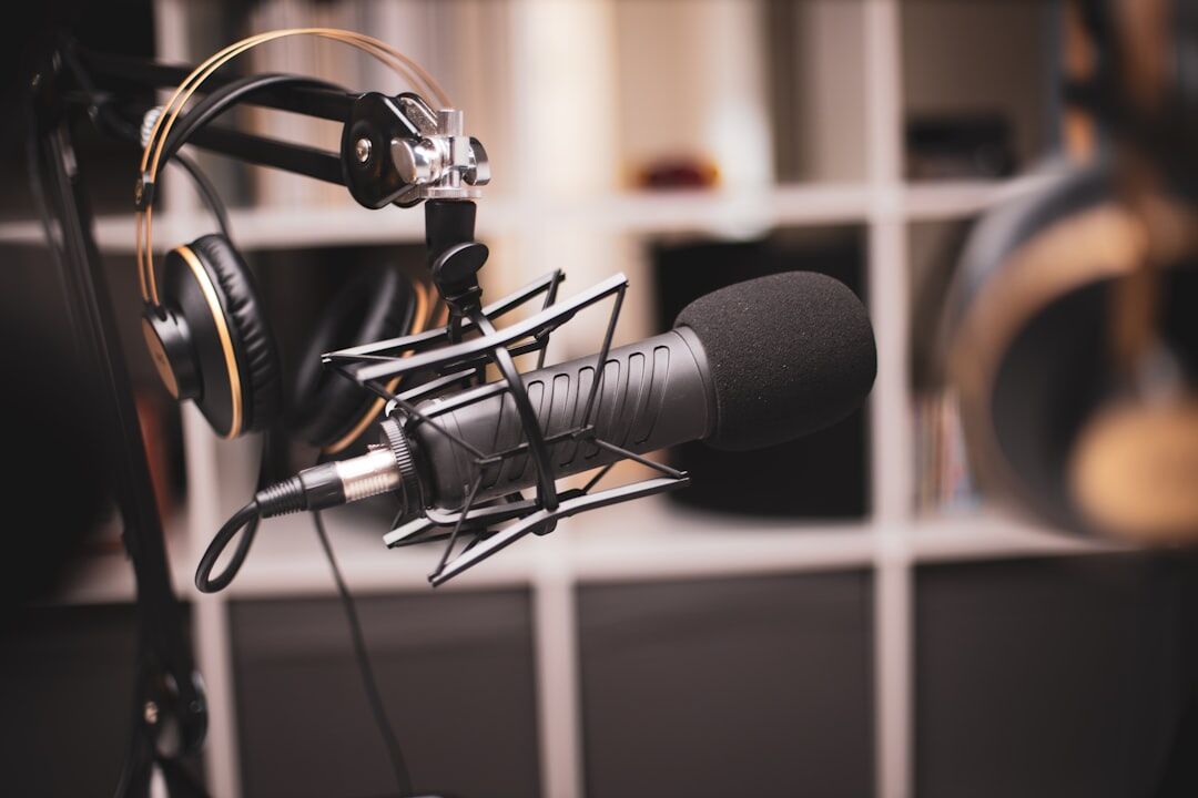 Podcast recording setup with microphone and headphones