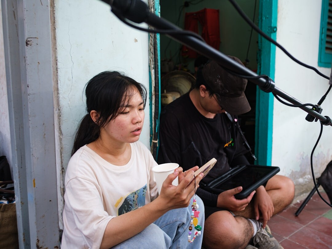 Television journalist conducting live interview on set